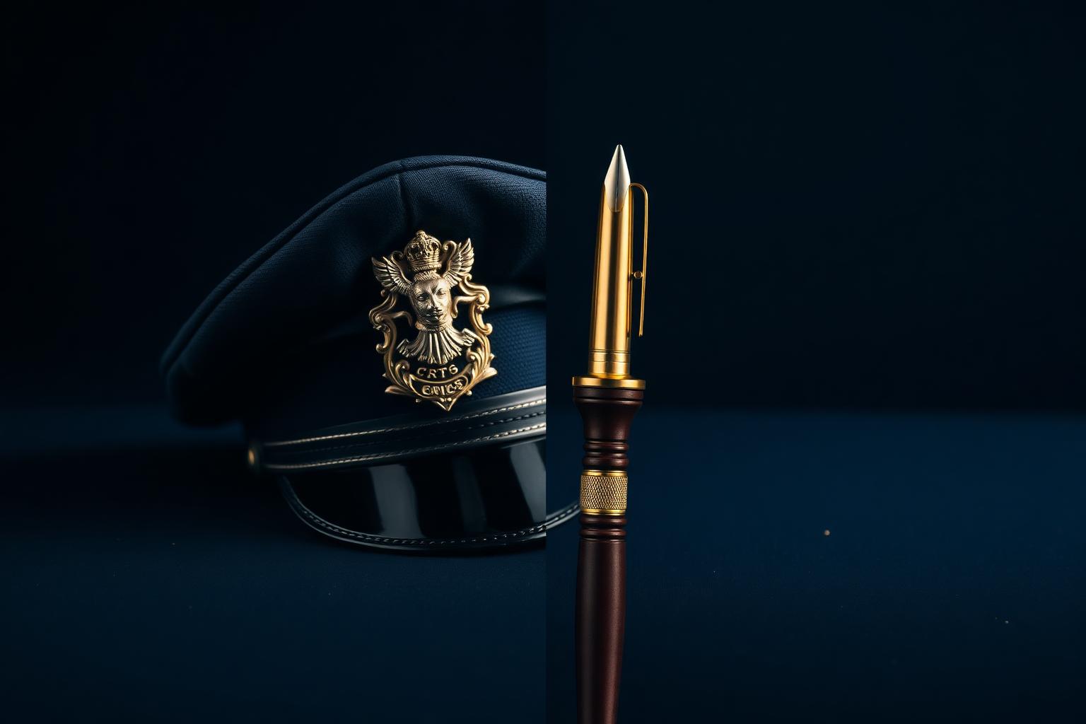 Boina da Polícia Militar brasileira e caneta dourada de advogado sobre fundo azul-marinho