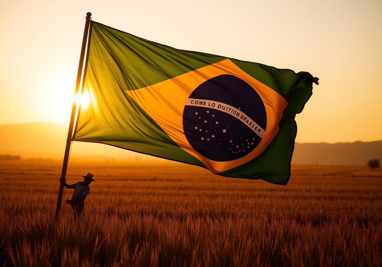 Bandeira do Brasil tremulando ao pôr do sol sobre campo agrícola com produtor rural
