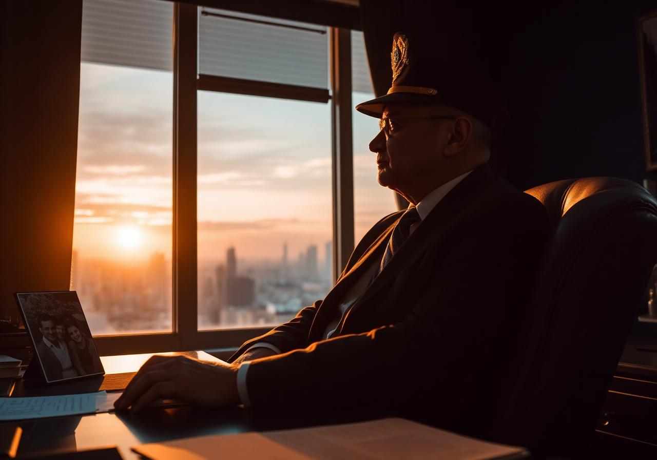 Advogado brasileiro maduro em cadeira de couro observando o nascer do sol sobre São Paulo